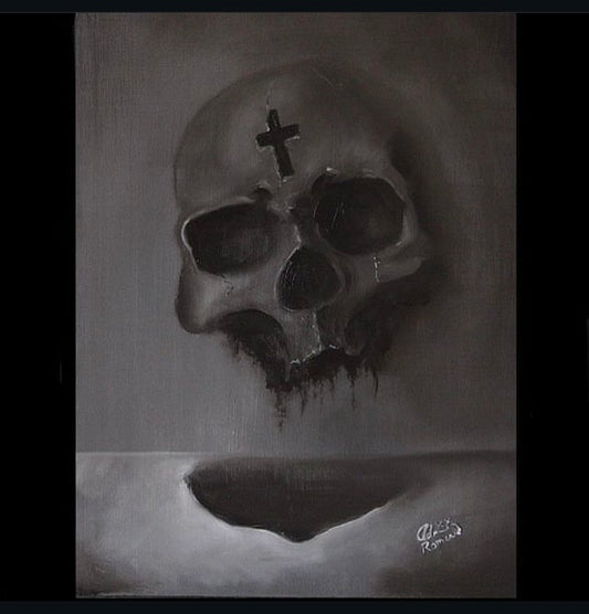 Skull with a cross on the forehead against a dark background