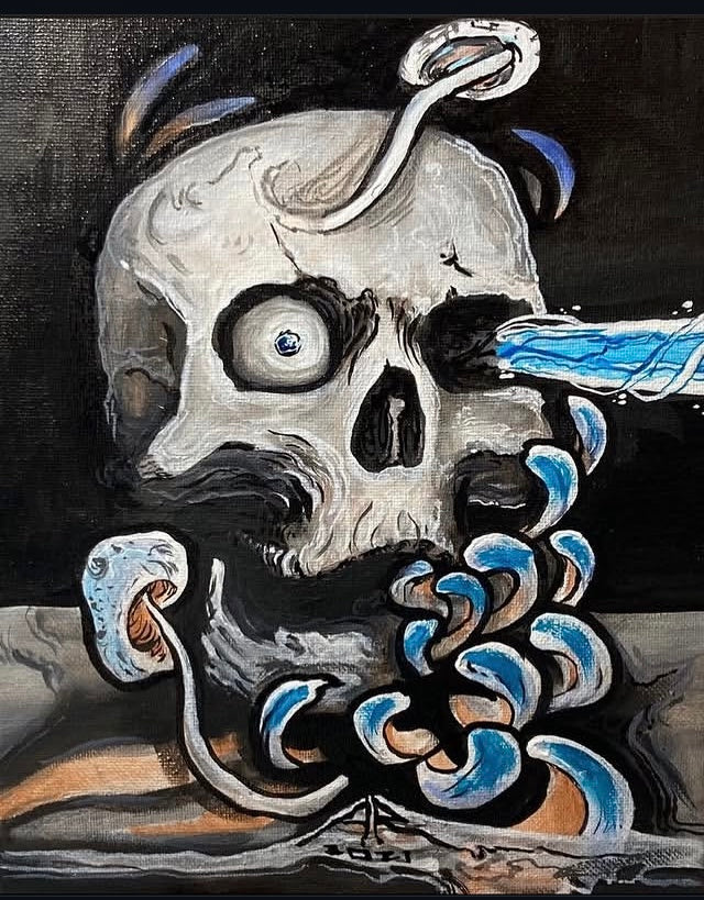 Artistic depiction of a skull with abstract elements, mushrooms, and blue lazers